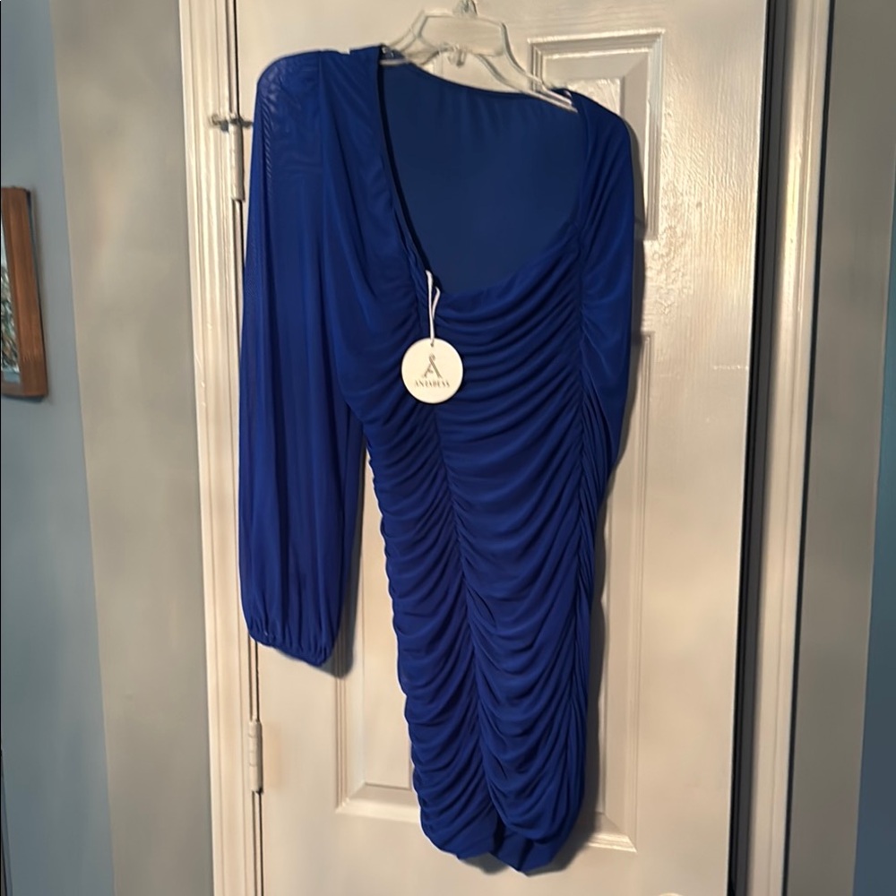 Elegant Dramatic One Shoulder Royal Blue Ruched Dress NWT
